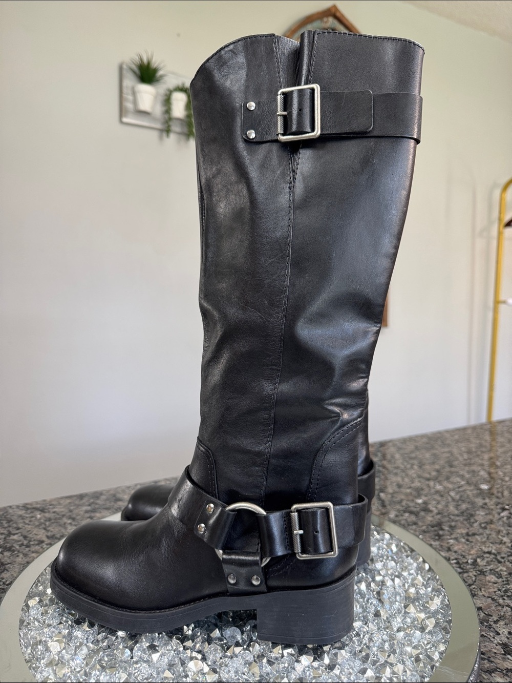 Arezzo pull on Black Leather Combat Moto Boots - Classic Buckle Design NEW 6.5